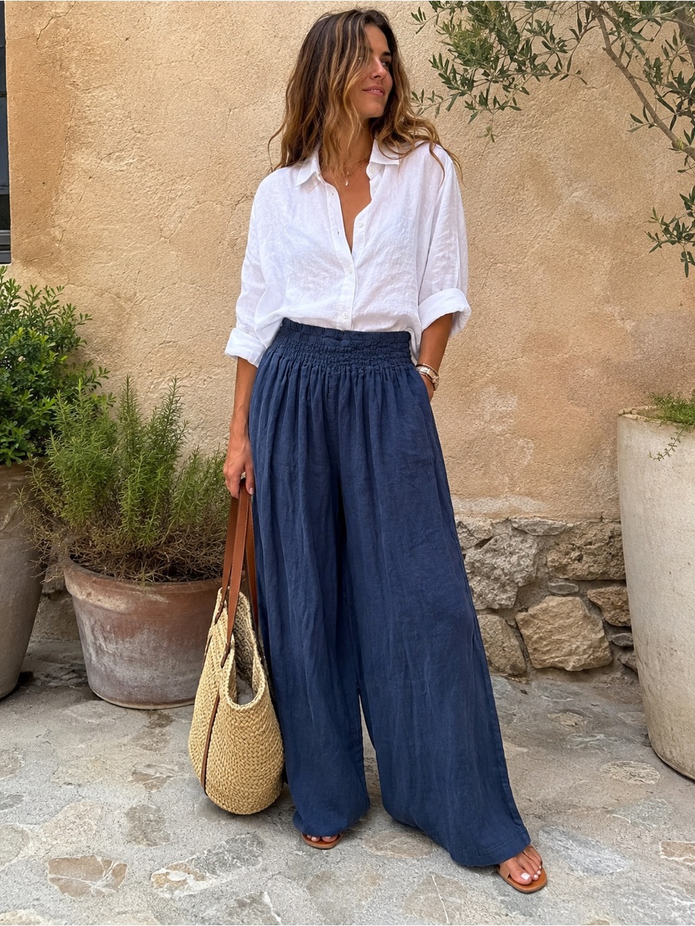 Women's Navy Wide-Leg Linen Pants with Smocked Waist